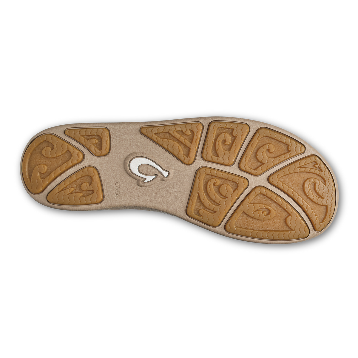 Tan rubber sole with geometric carved pattern and central logo on beige cushioned footbed.