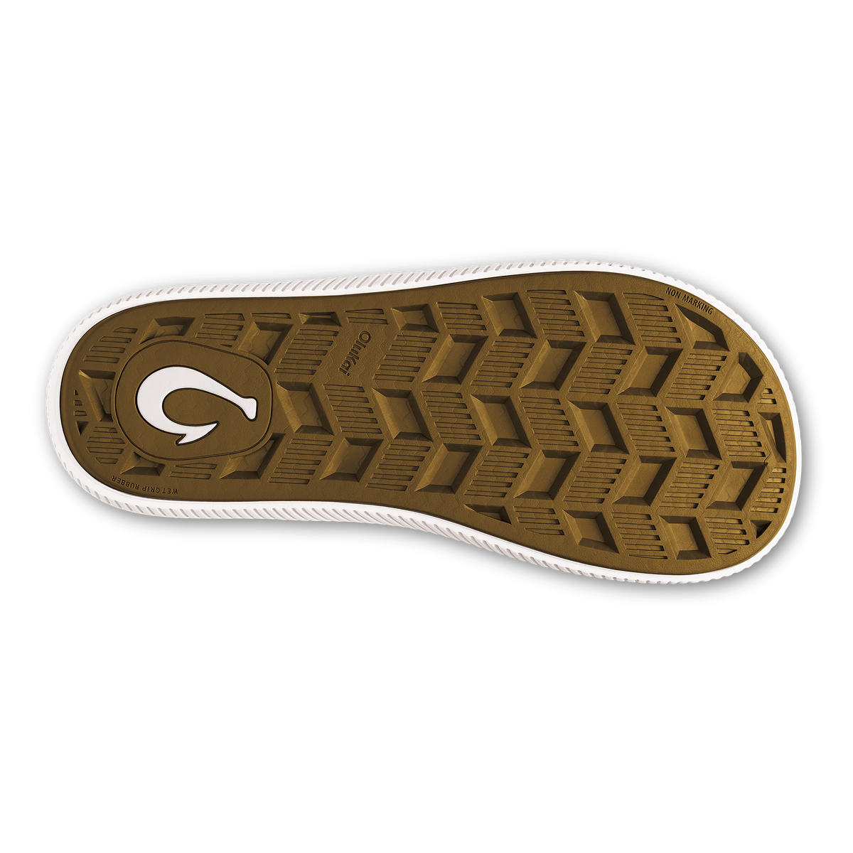 Shoe sole with tan tread pattern and white curved logo on tan and white outsole.