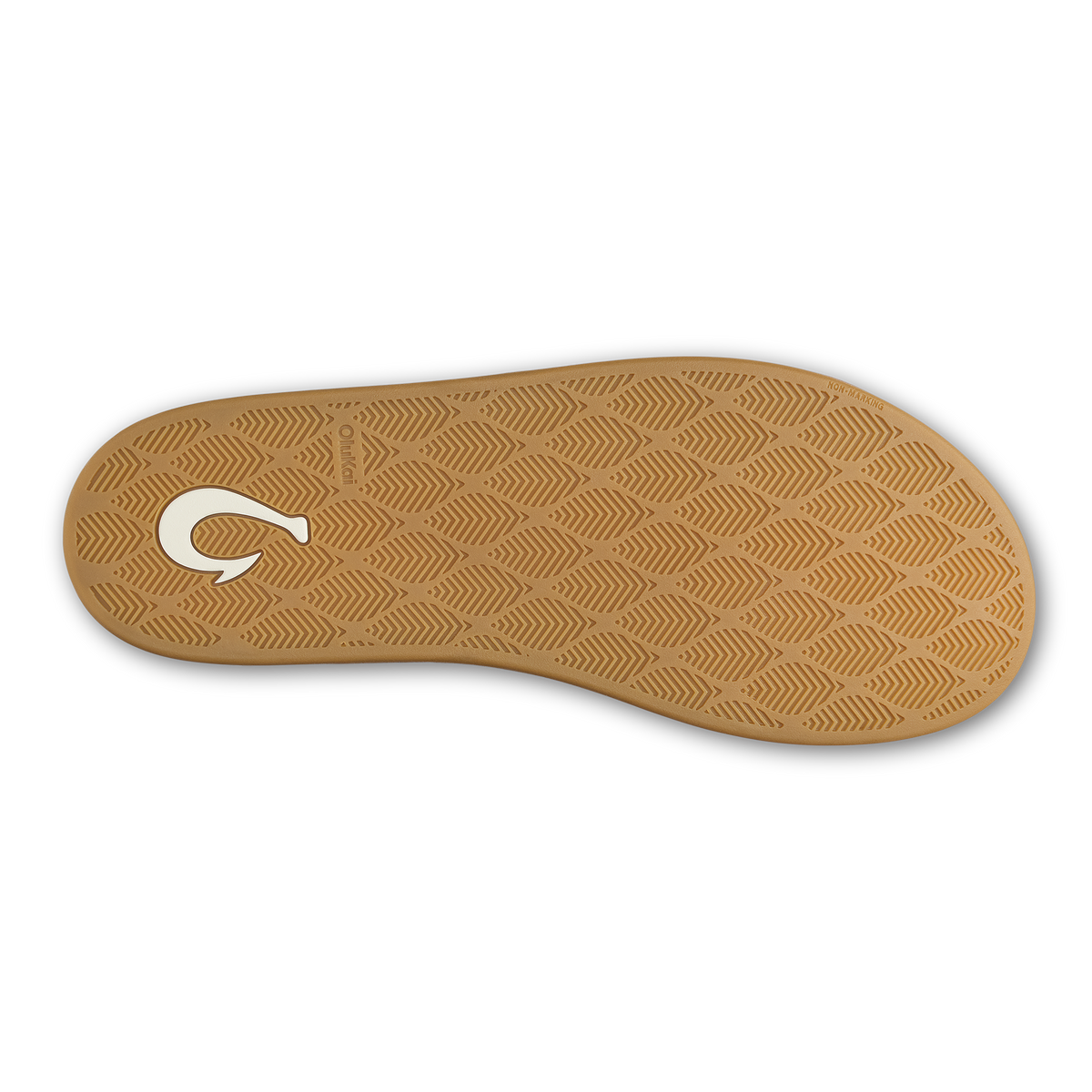 Tan shoe sole with herringbone tread pattern and white logo detail.