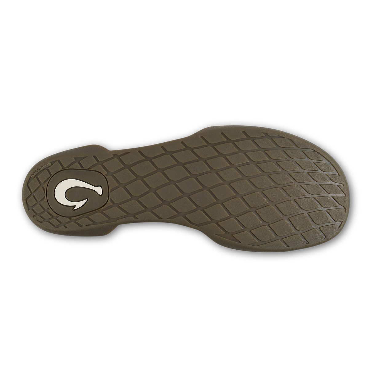 Tan and black shoe sole with quilted tread pattern and white logo detail on heel.