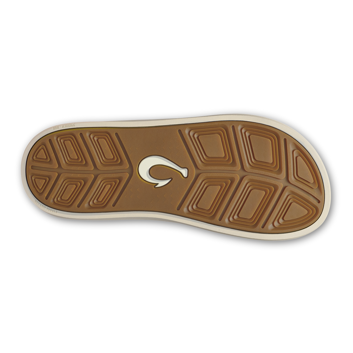 Brown shoe sole with geometric tread pattern and white logo in center, cream-colored edge trim.