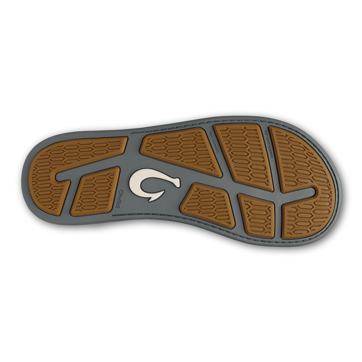 Shoe sole with tan hexagonal tread pattern and gray base featuring white curved logo in center.