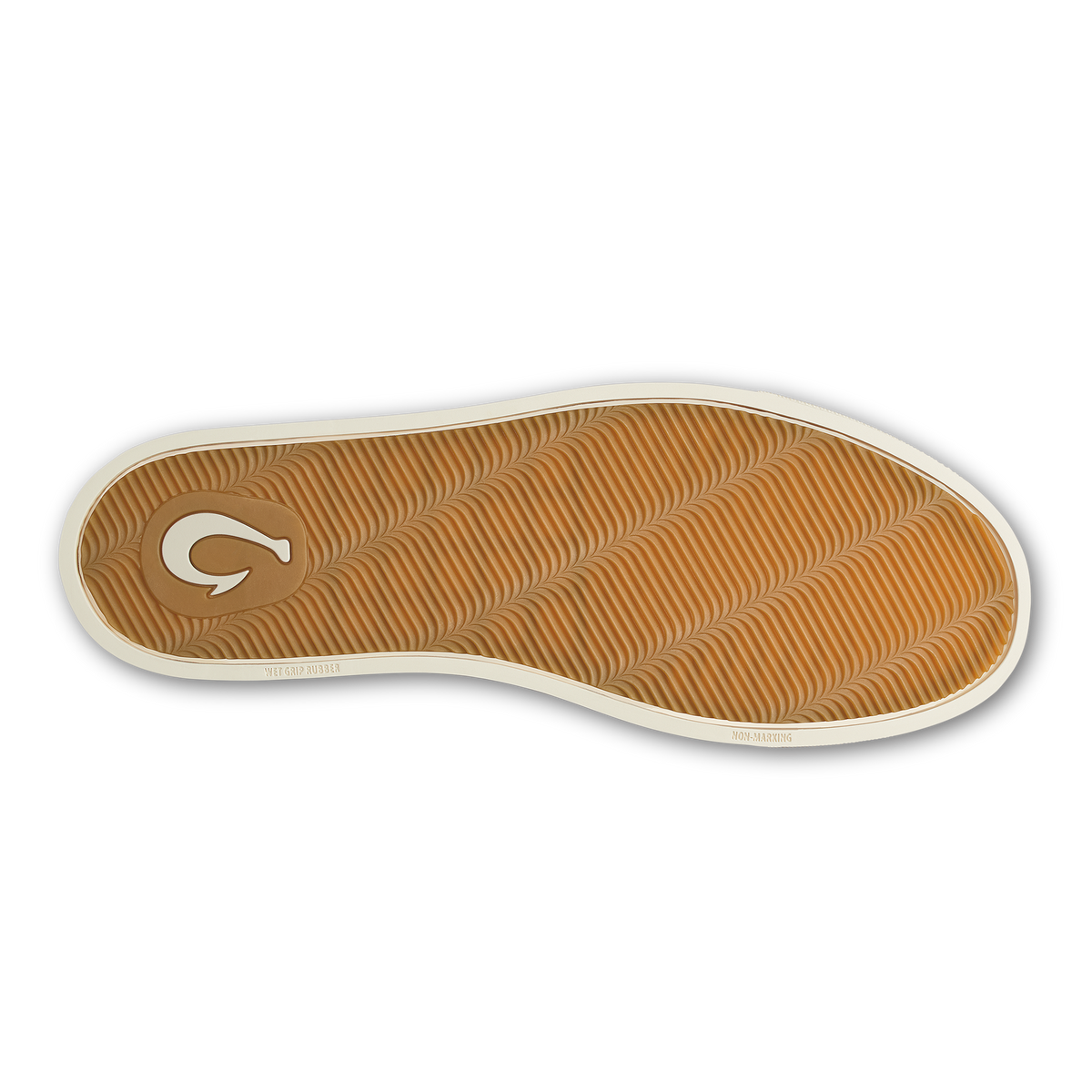 Tan and cream textured shoe sole with wavy ridged pattern and brand logo on heel.