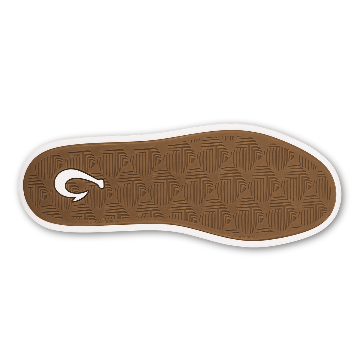 Brown sole of black leather shoe with white trim and textured tread pattern.
