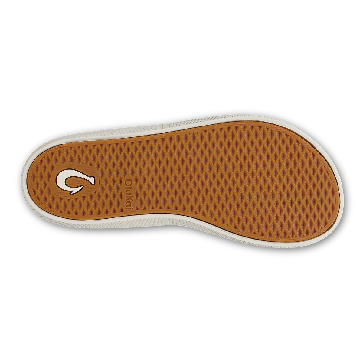 Shoe sole with tan textured pattern, white rubber edge, and "G" logo.