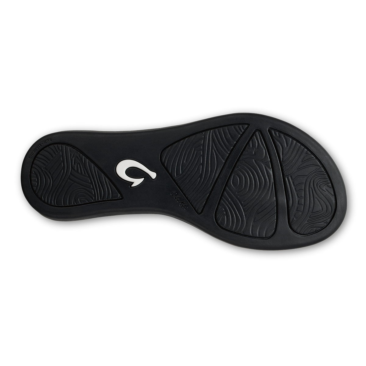 Black sole of Ho'ōpio Mele sandal with white logo and textured tread pattern.