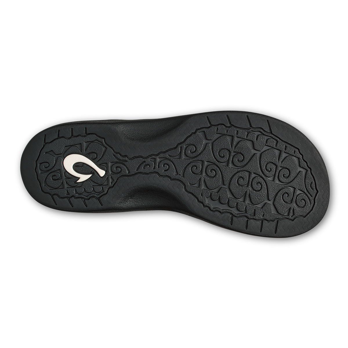 Black rubber sole with decorative scrollwork pattern and white curved logo detail.