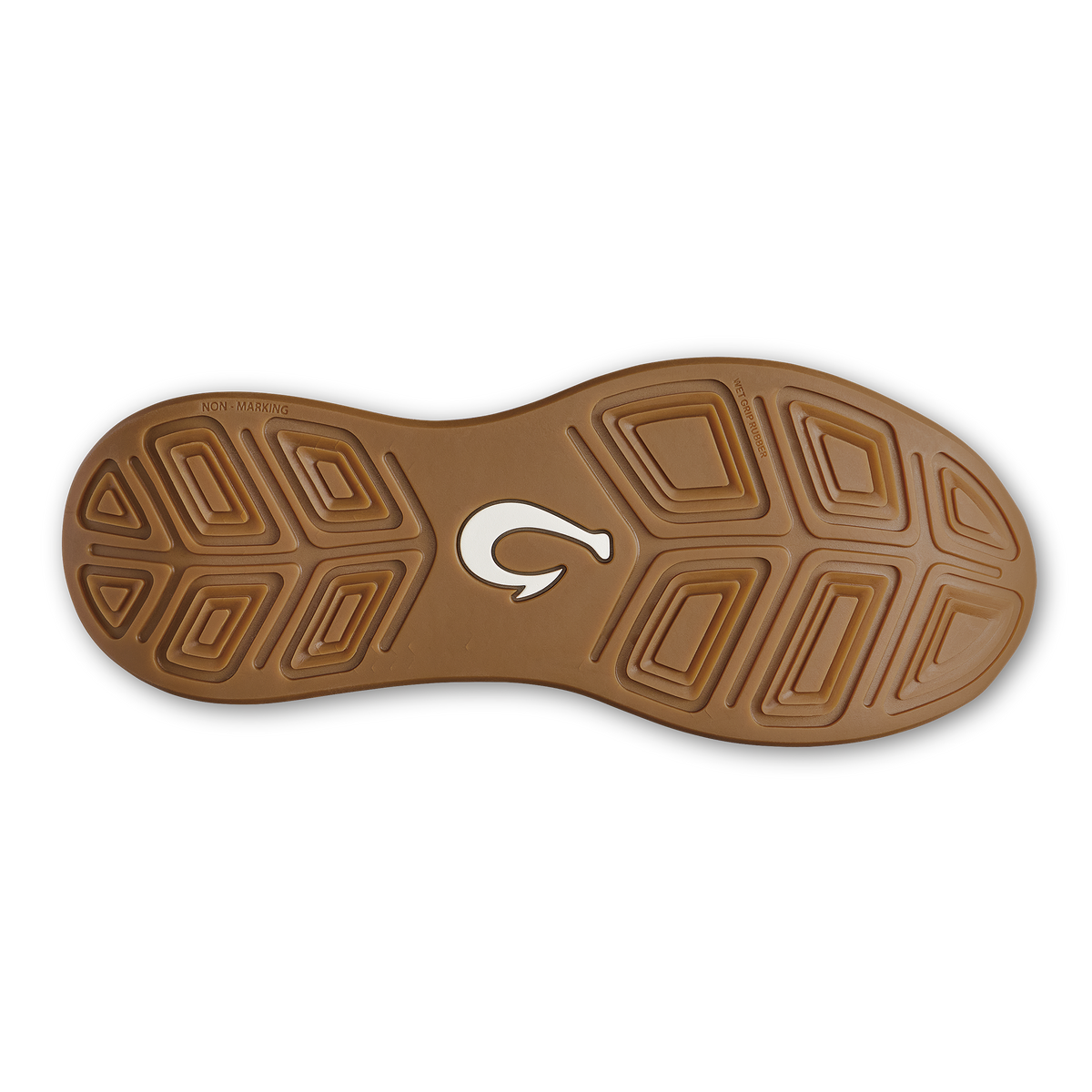 Brown shoe sole with geometric tread pattern and white curved logo in center.