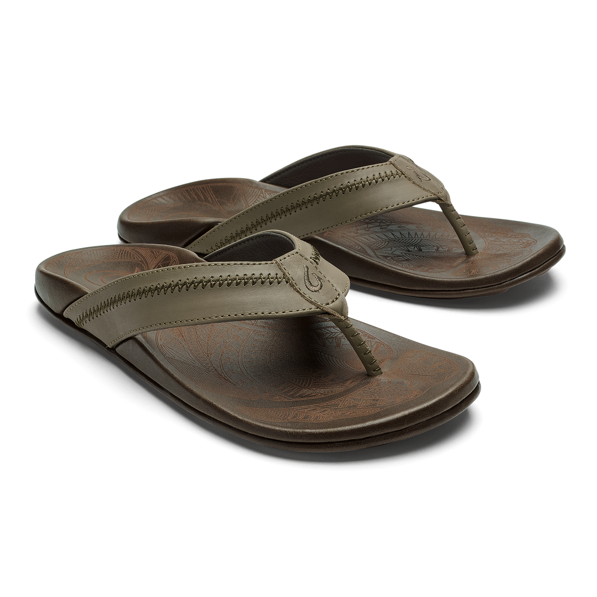 Pair of tan and brown leather flip-flop sandals with stitched thong straps and embossed footbeds.