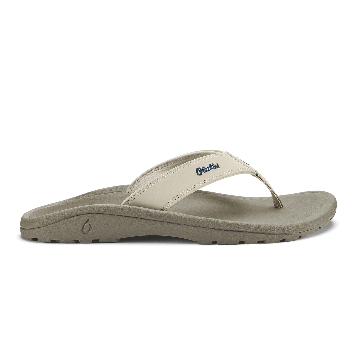 Cream and gray thong sandal with embroidered logo on upper strap and textured sole.