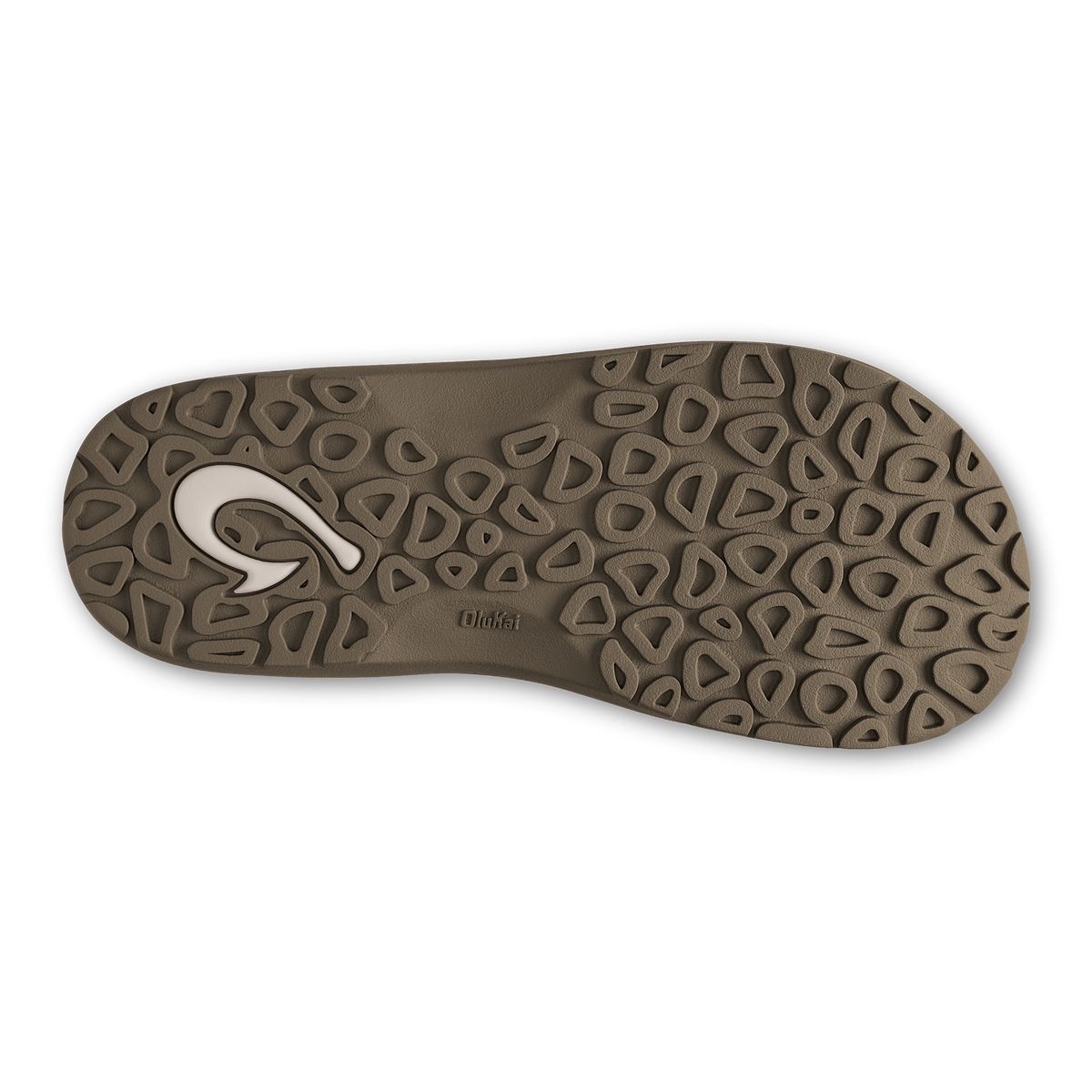 Clay-colored sandal sole with geometric triangle and circle pattern and white toe loop detail.