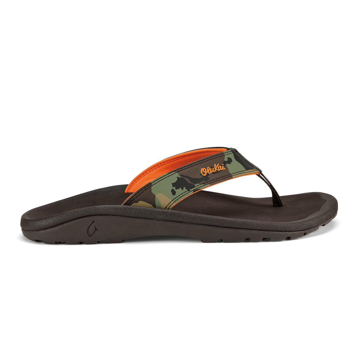 Thong sandal with dark brown sole, camo and orange strap with orange accent on upper strap.