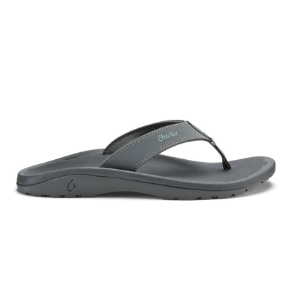 Gray thong sandal with contrasting black toe strap and cushioned sole.