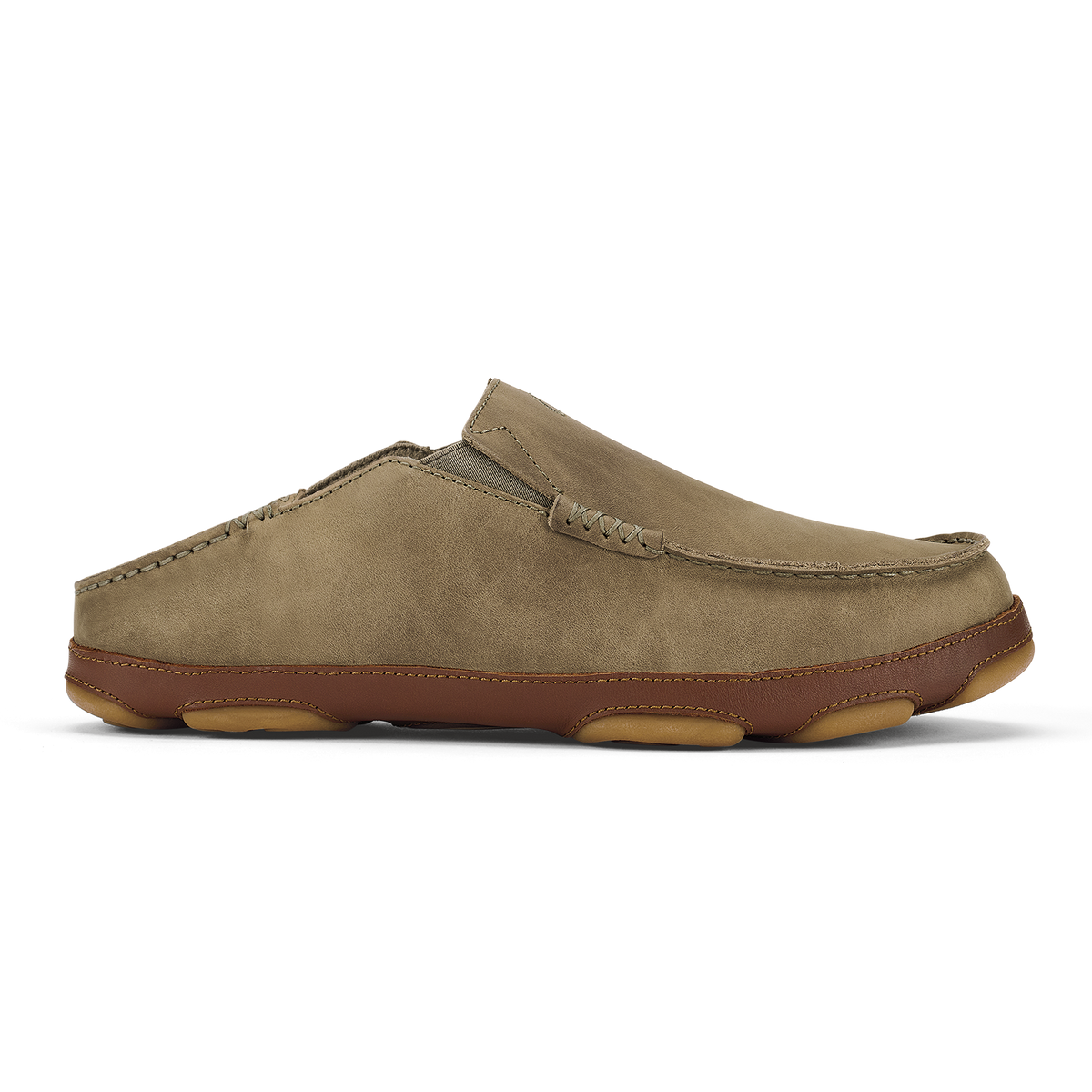 Tan suede mule with brown leather trim and tan rubber sole, shown in side profile.