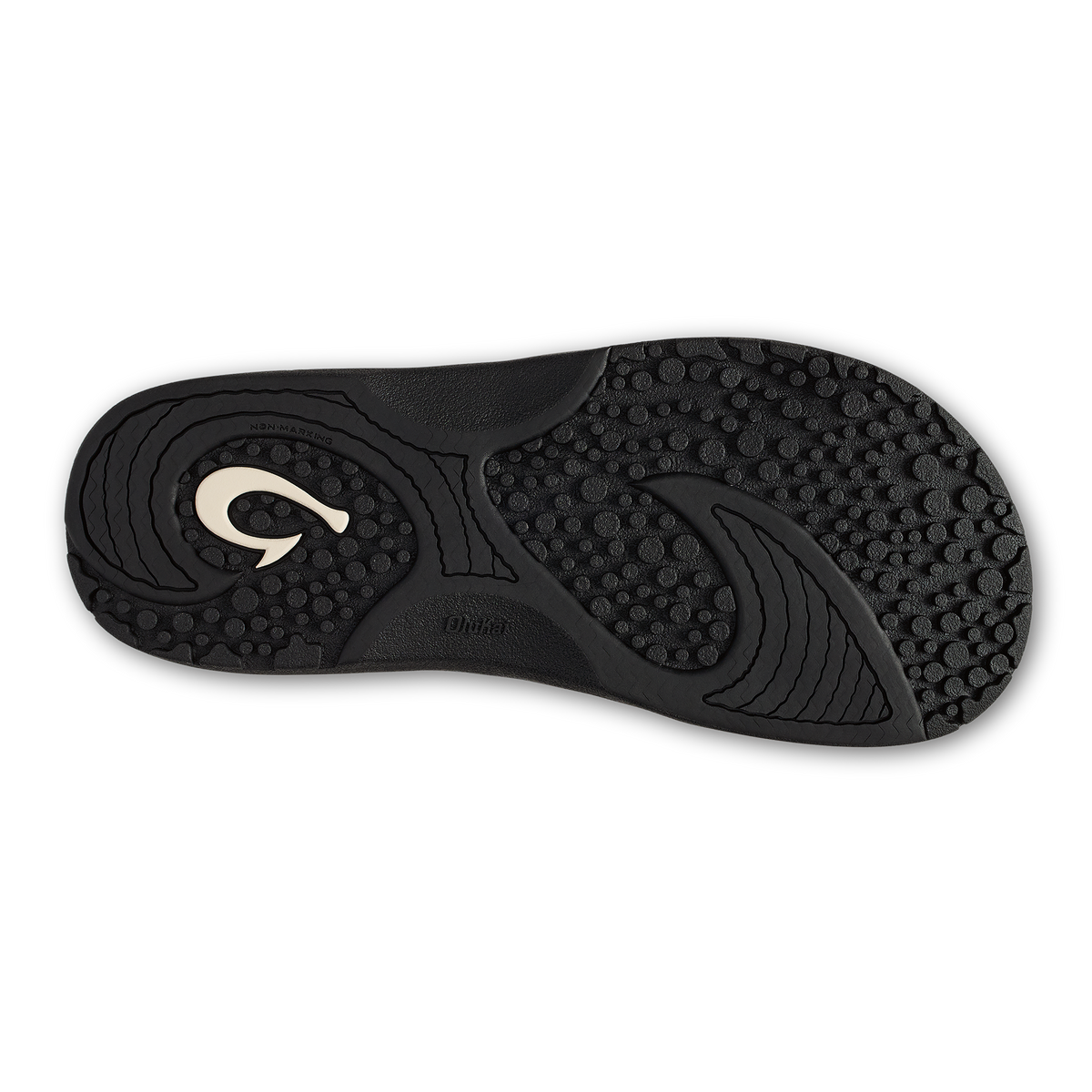 Black shoe sole with textured tread pattern and white curved logo detail on upper surface.