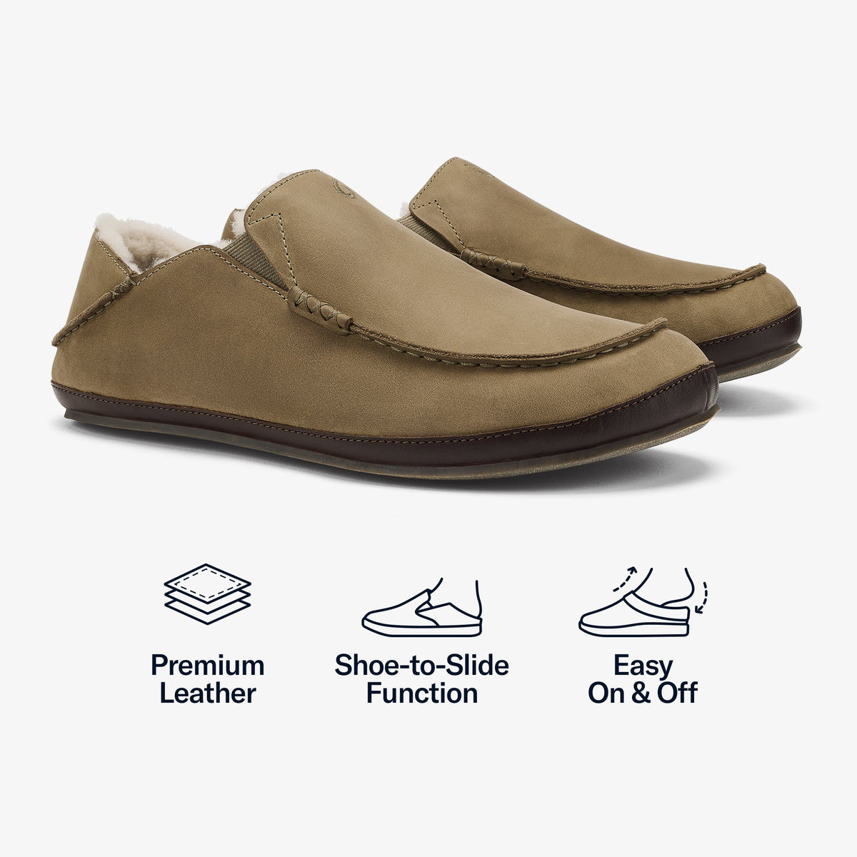 Tan and dark brown leather slippers with cream fleece lining and dark brown sole.