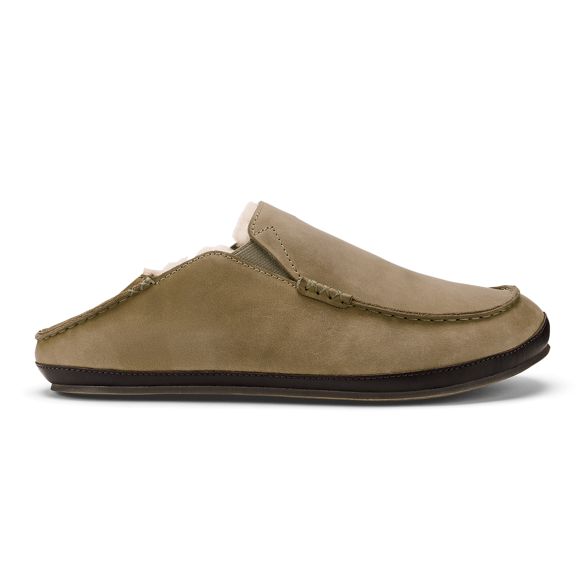 Tan suede slipper with dark brown sole and stitched seams, shown from the side.