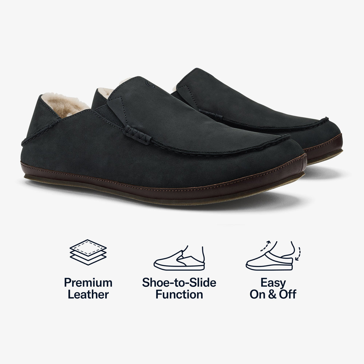 Black suede slipper with dark brown leather sole and sherpa-lined collar, shown from the side.
