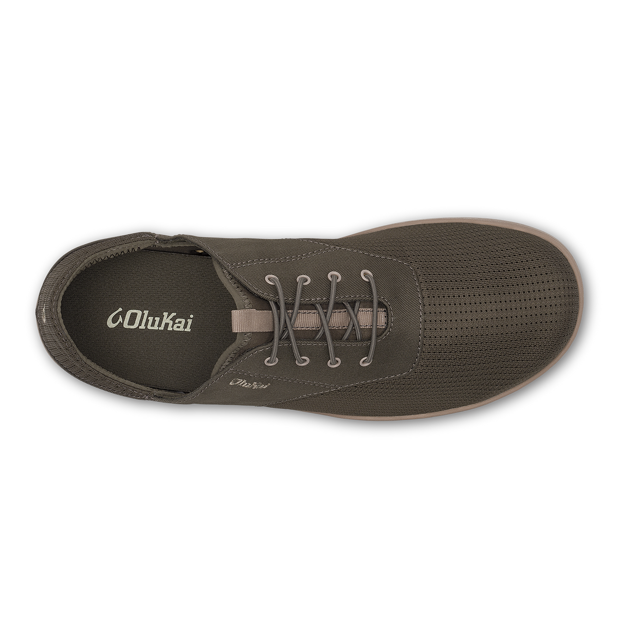 Gray canvas lace-up shoe with perforated upper and OluKai branding, shown from above.