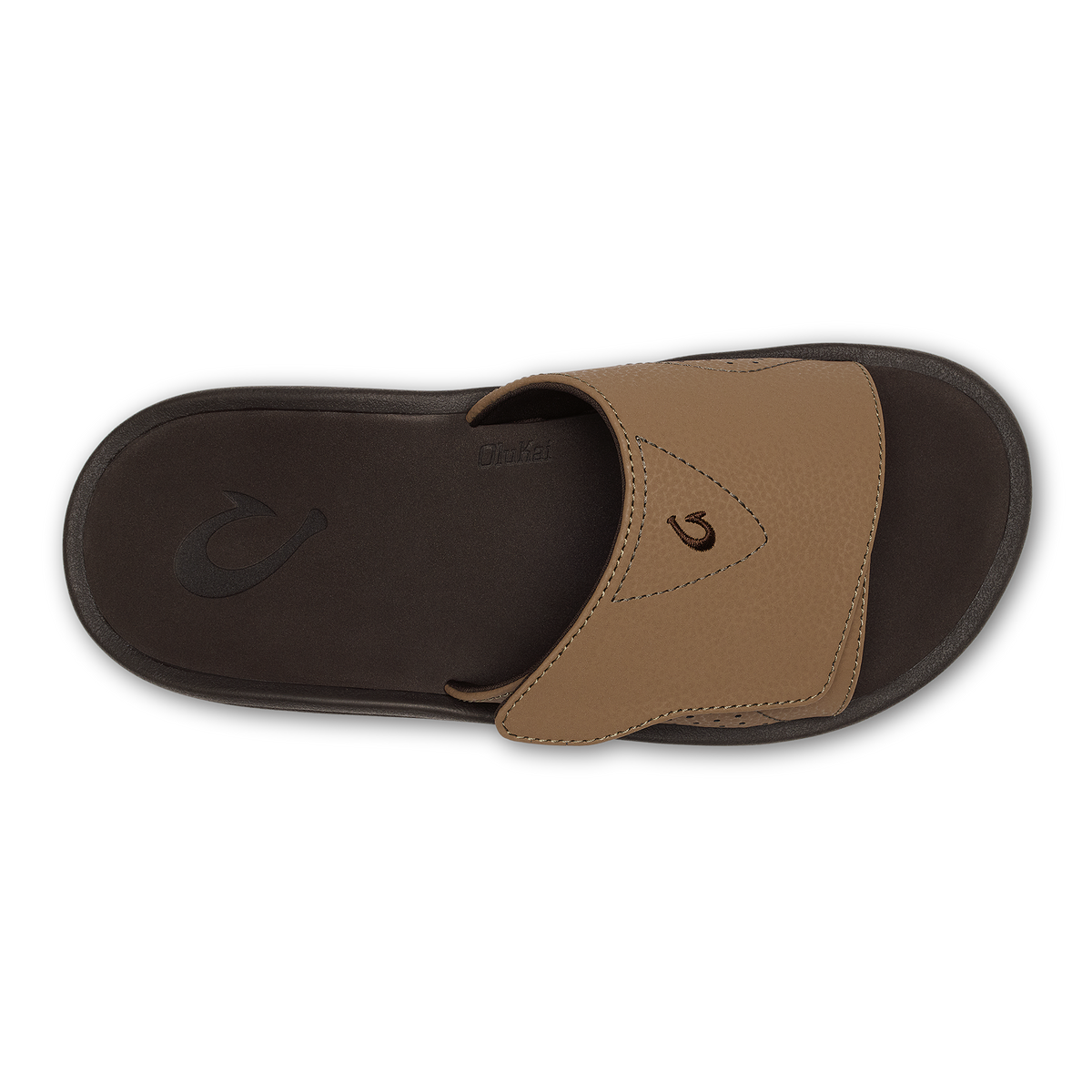 Tan and dark brown slide sandal with curved leather upper and dark sole, shown from above.
