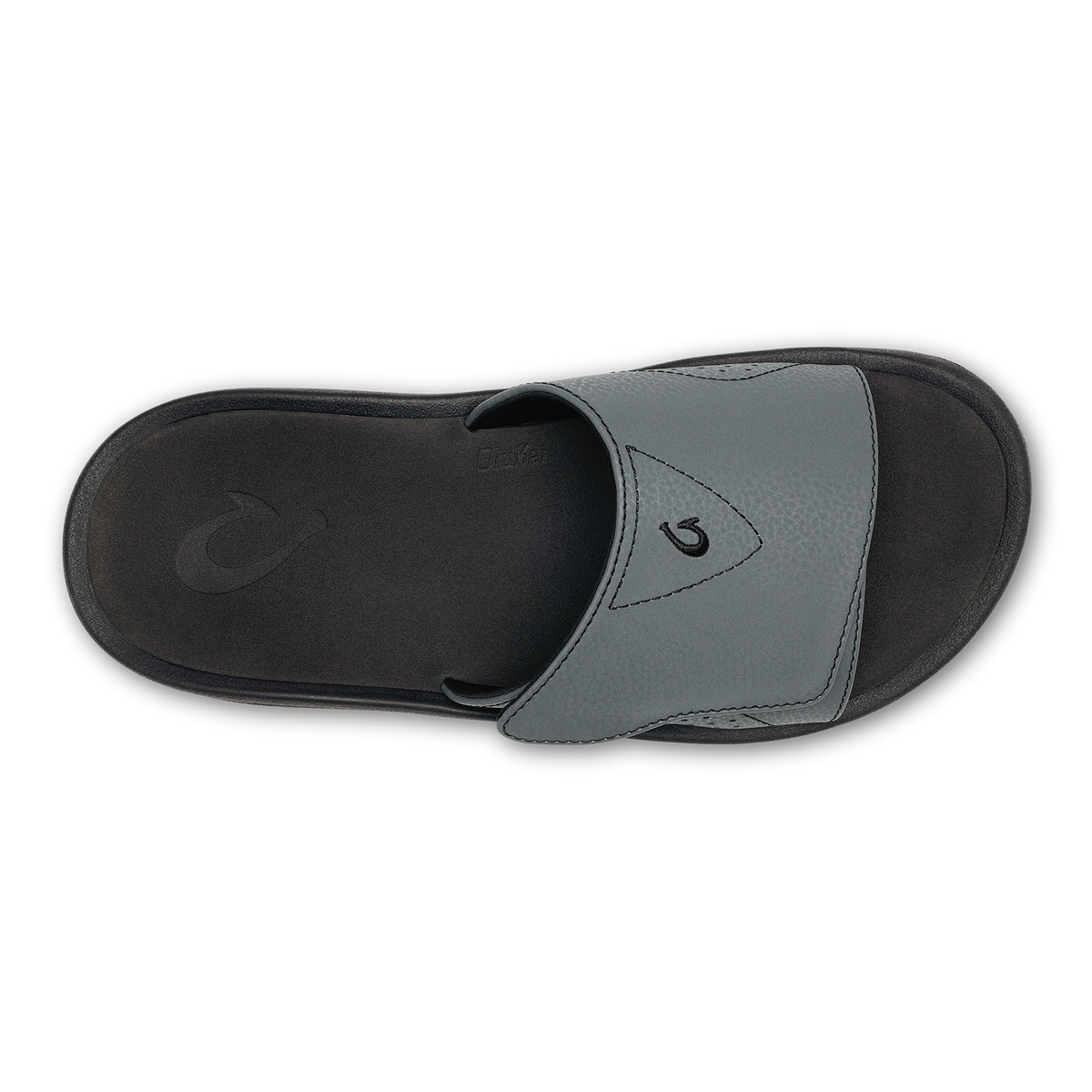 Nalu Slide in gray and black with curved logo detail on upper strap, viewed from above.
