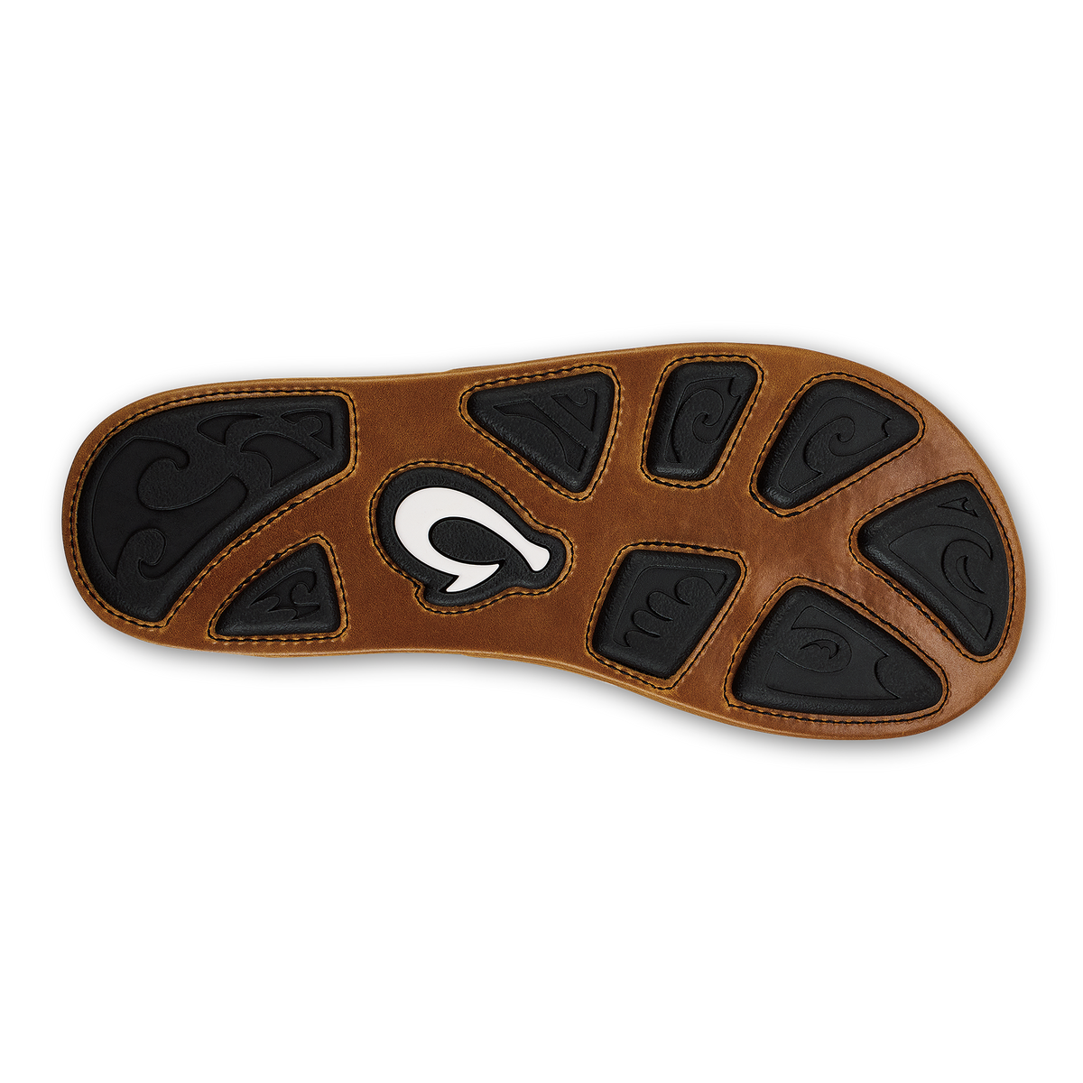Tan and dark brown sole with black textured patches and white curved logo in center.