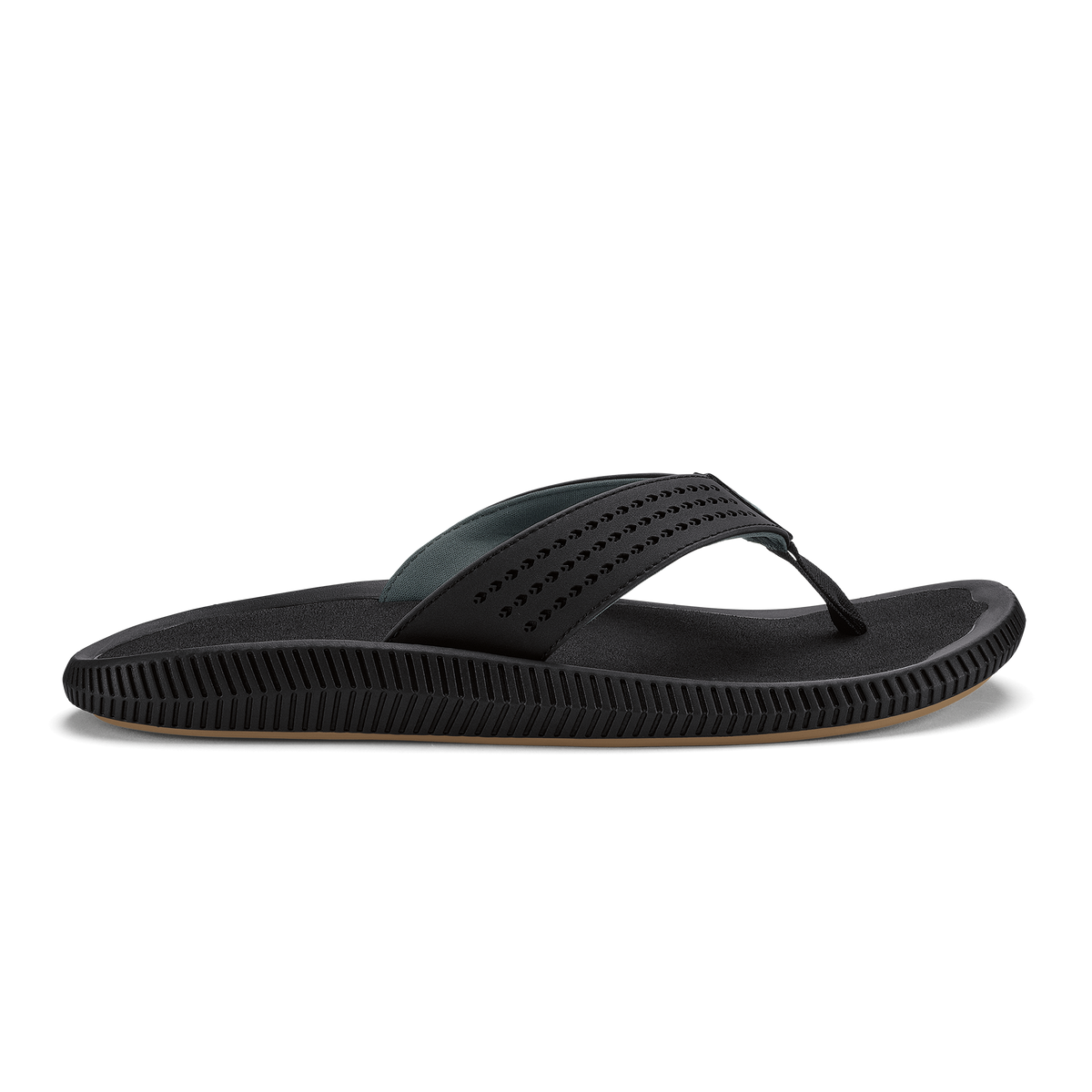 Black thong sandal with perforated upper strap and textured sole.