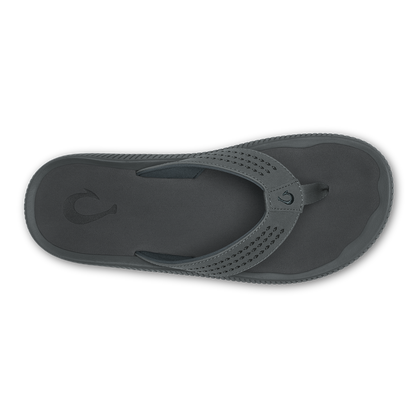 Dark gray flip-flop sandal with perforated strap and thong design, viewed from above.