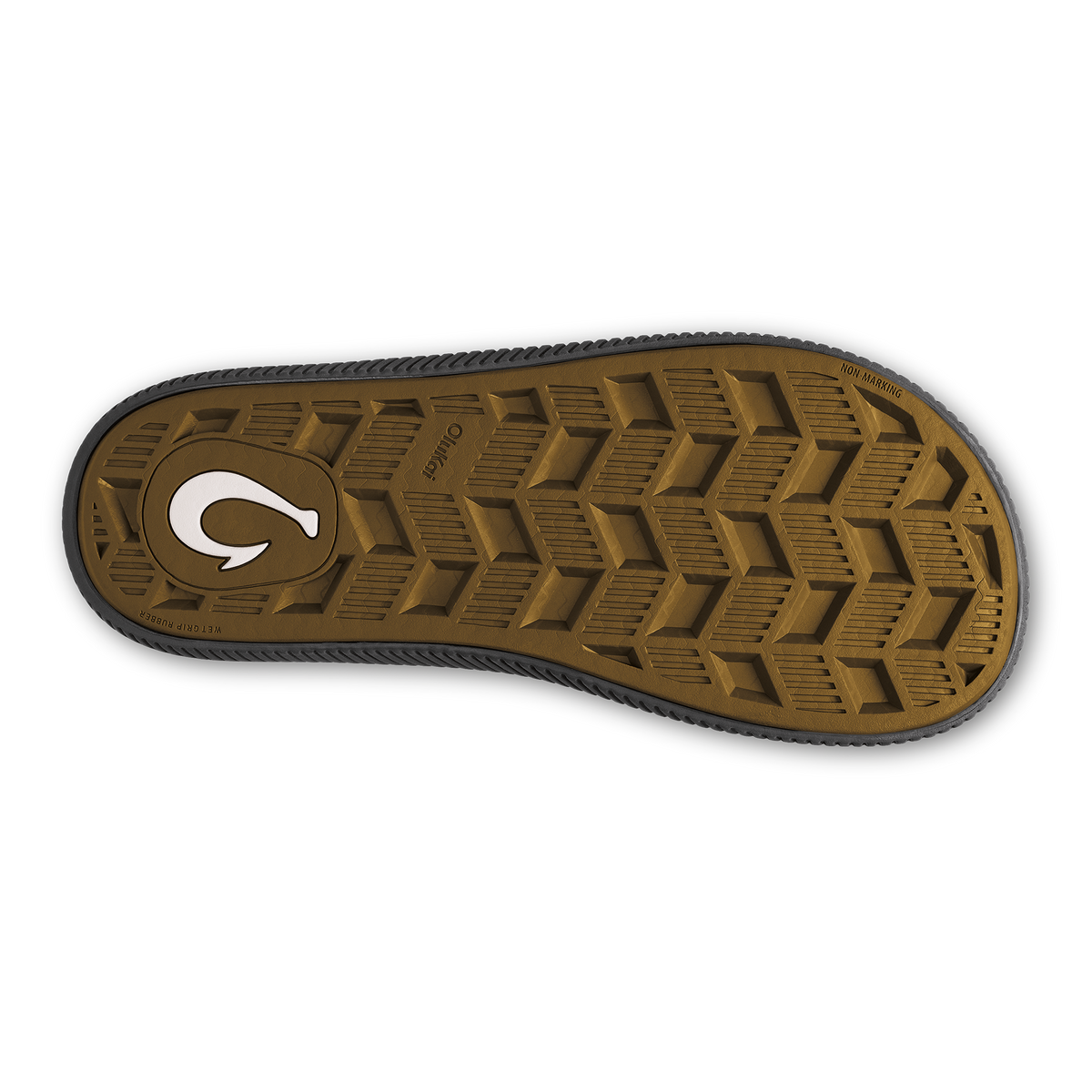 Sole of Ulele shoe showing tan rubber tread with chevron pattern and white logo.