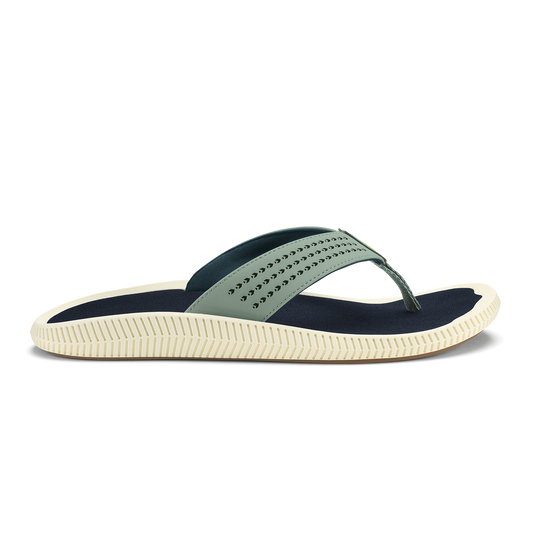 Seagreen and trench blue thong sandal with perforated strap and cream ribbed sole.