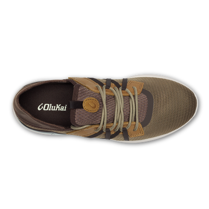 Brown and tan lace-up shoe with mesh upper, dark brown collar, and tan leather accents, shown from above.