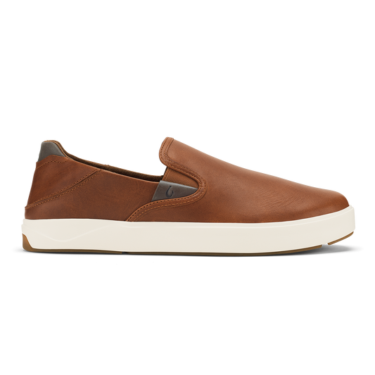 Brown leather slip-on sneaker with cream-colored sole and dark heel tab.