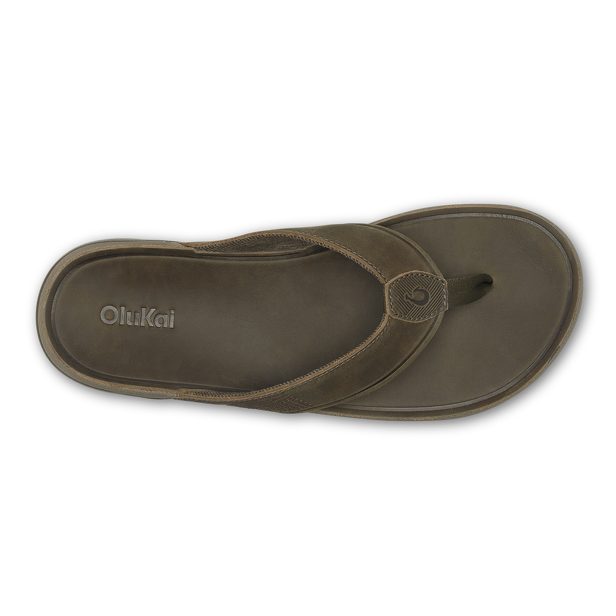 Brown Olukai thong sandal with woven strap and circular toe post detail, viewed from above.