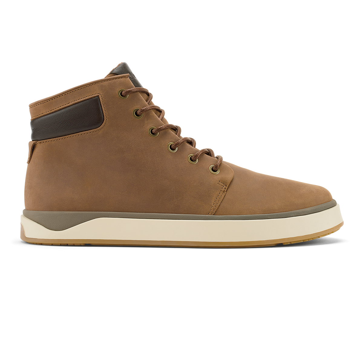 Toffee and brown leather lace-up boot with cream midsole and dark collar accent.