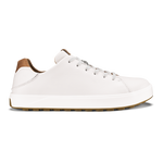 White leather low-top sneaker with tan heel tab and white laces on white sole.