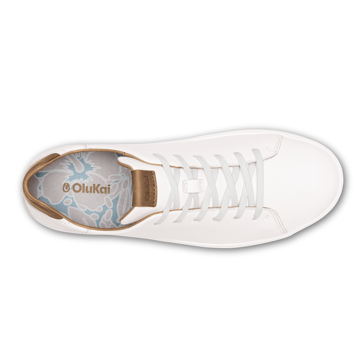 White canvas high-top sneaker with tan collar trim and white laces, shown from above.