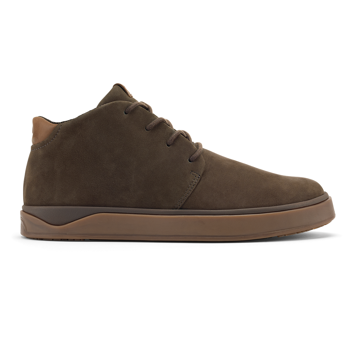 Dark brown suede chukka boot with tan sole and lace-up front closure.