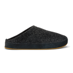 Dark charcoal wool slipper with black suede trim and tan rubber sole.