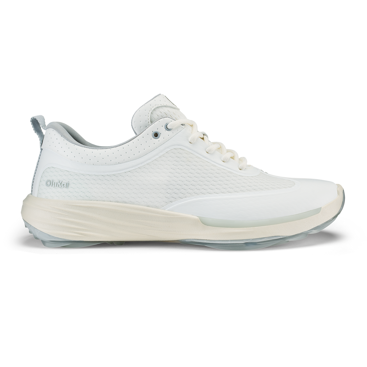 White lace-up athletic shoe with textured upper, cream midsole, and light blue heel accent.
