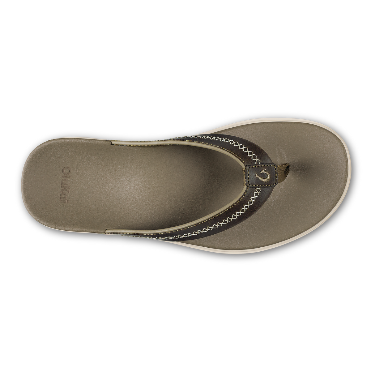 Tan and dark brown thong sandal with whipstitched strap detail, viewed from above.