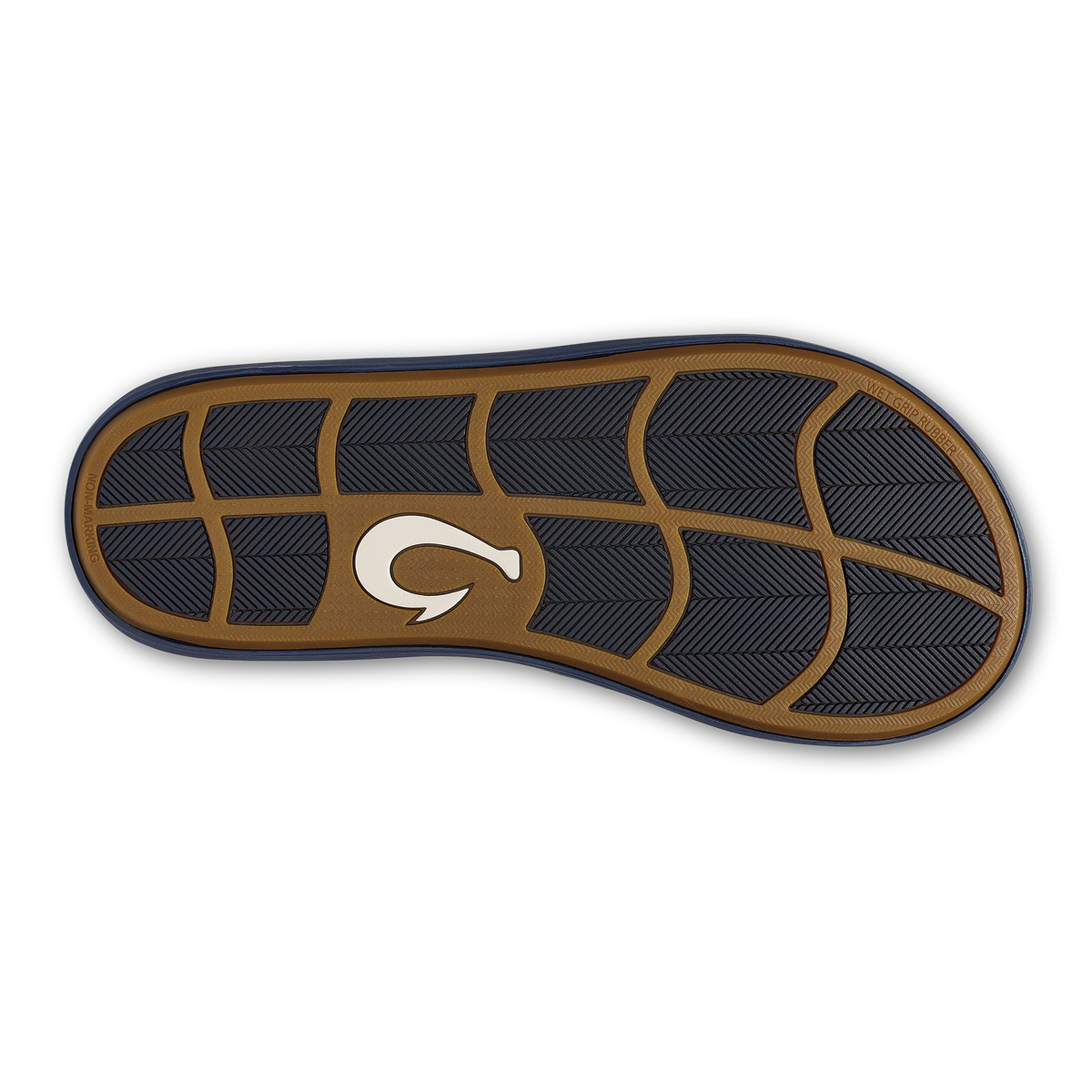 Trench blue sole with tan and dark grid pattern, white logo symbol in center.