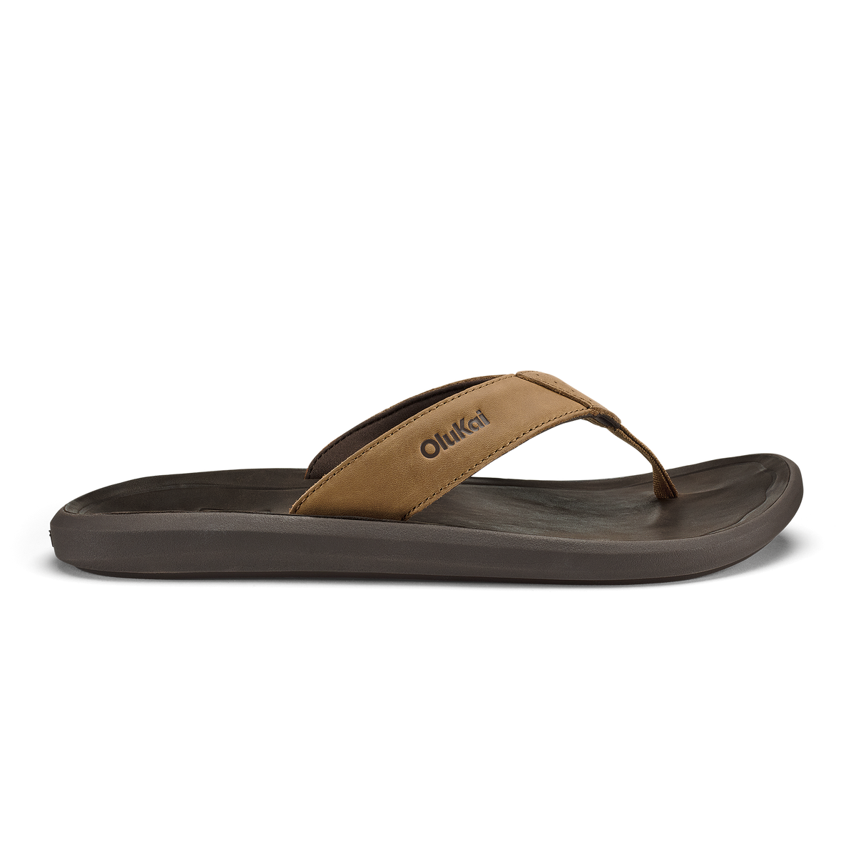 Tan and dark brown flip-flop sandal with thong strap and cushioned sole.