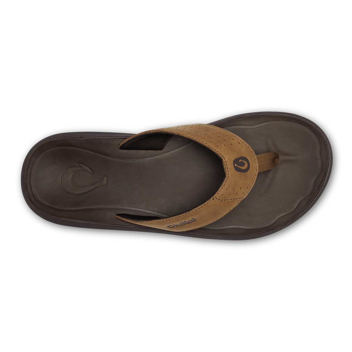 Tan leather thong sandal with dark brown rubber sole and perforated strap detail, viewed from above.