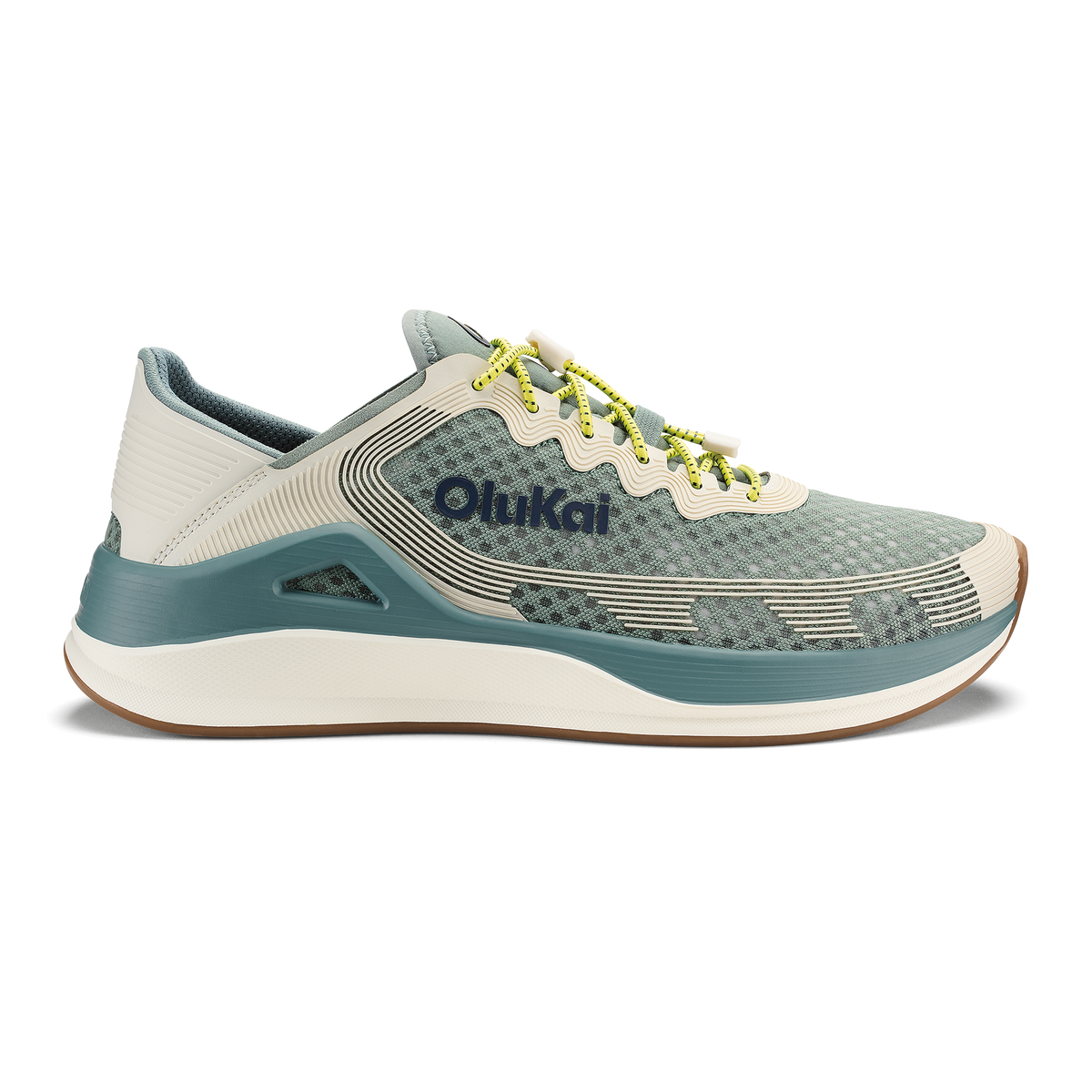 Seagreen and white sand running shoe with yellow laces and textured mesh upper, featuring curved sole design.