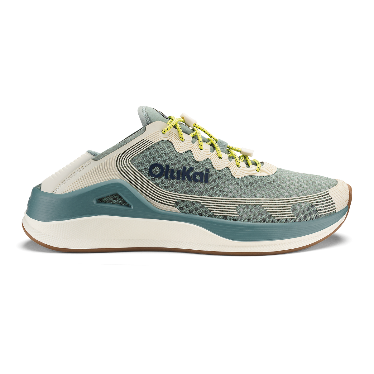 Seagreen and white sand running shoe with yellow laces and textured mesh upper, featuring curved sole design.