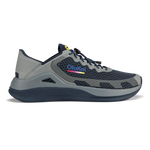 Navy and gray mesh running shoe with striped design and colorful OluKai logo on the side.
