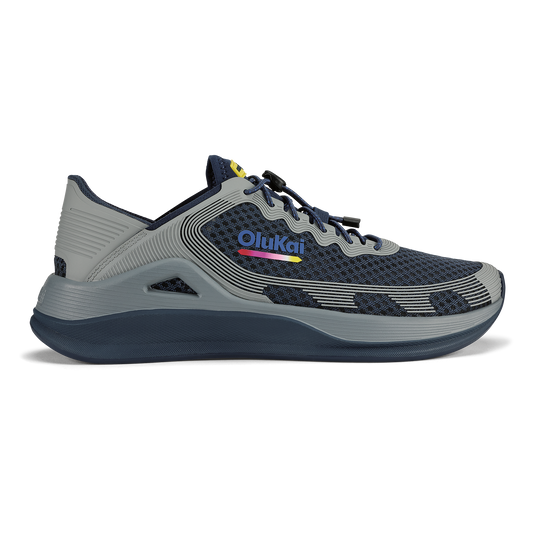 Navy and gray mesh running shoe with striped design and colorful OluKai logo on the side.
