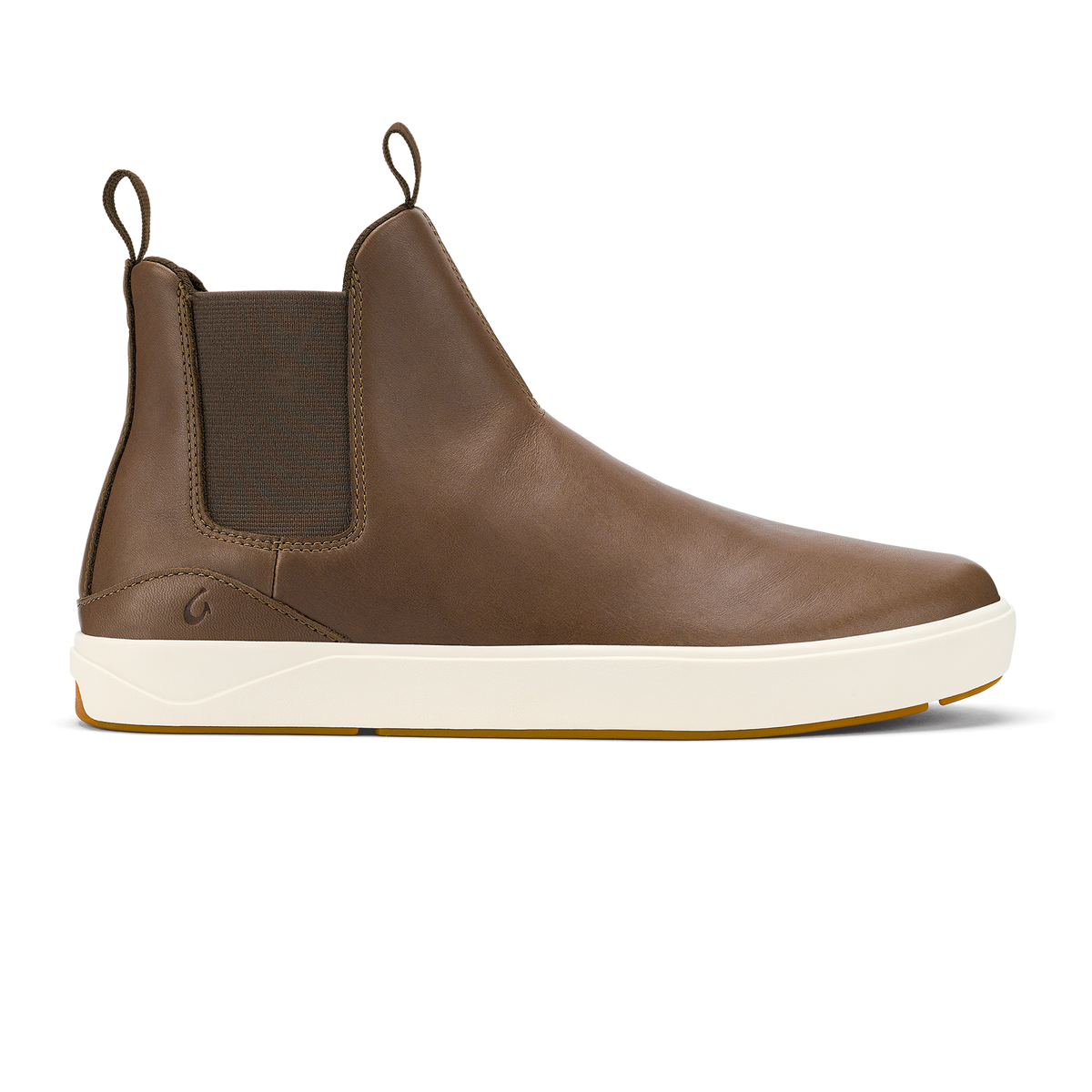 Brown leather Chelsea-style mid boot with cream and tan rubber sole and pull loops on heel.