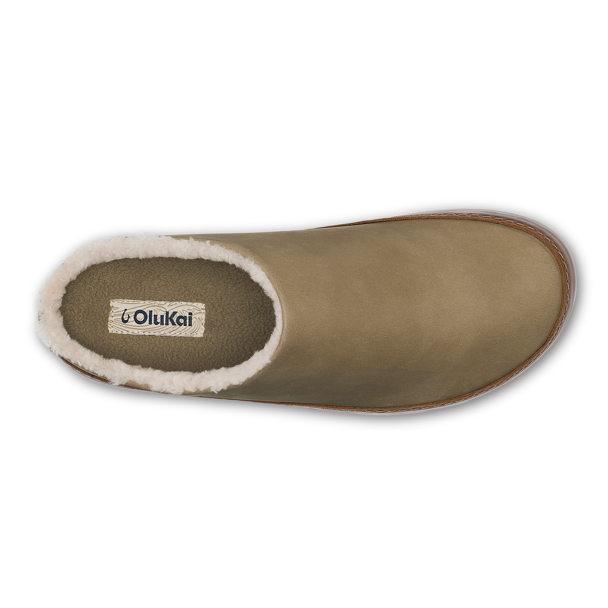 Tan slip-on slipper boot with sherpa lining, shown from above with OluKai branding visible inside.