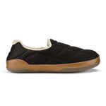 Black quilted slip-on slipper with tan leather trim and cream fleece lining.